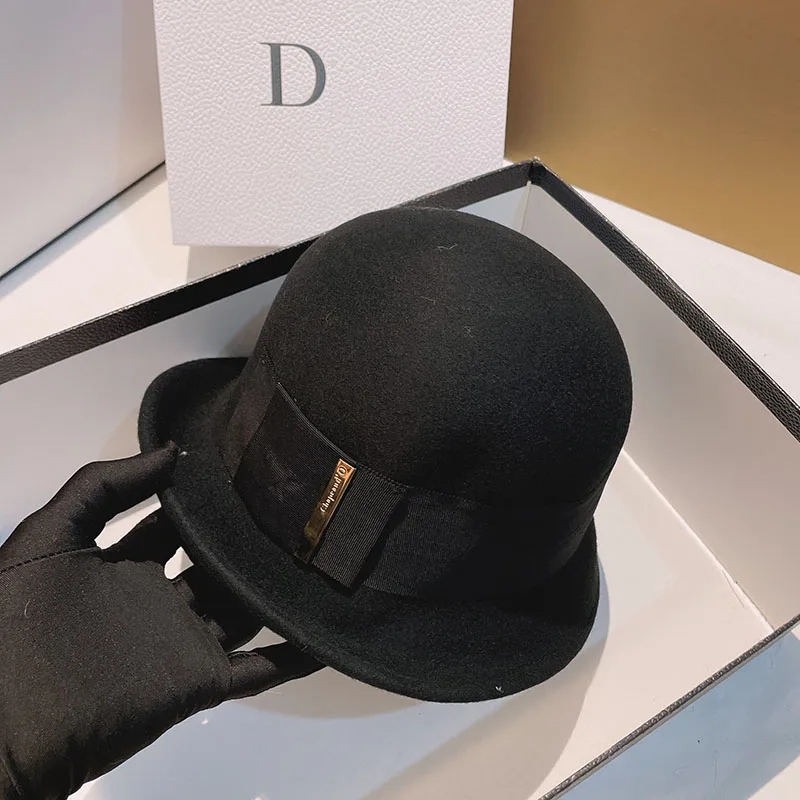 

Winter Hats For Women Korean Wool Fedora Hat Celebrity Fashion Felt Top Hat Keep Warm Ladies Dome Curl Hepburn Black Church Cap