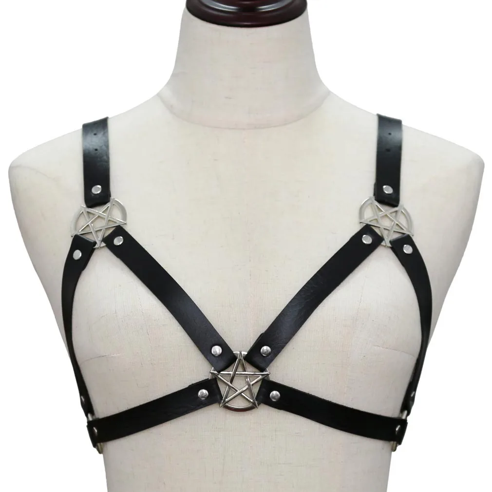 

2020 New Punk Gothic Style Metal Stars Bra Body Chest Necklaces for Women Leather Harness Anime Necklace Street Jewelry