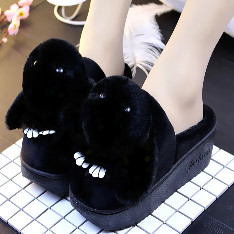 Искусственный мех Женские тапочки с зайчиком зимние теплые 5 см на высоком