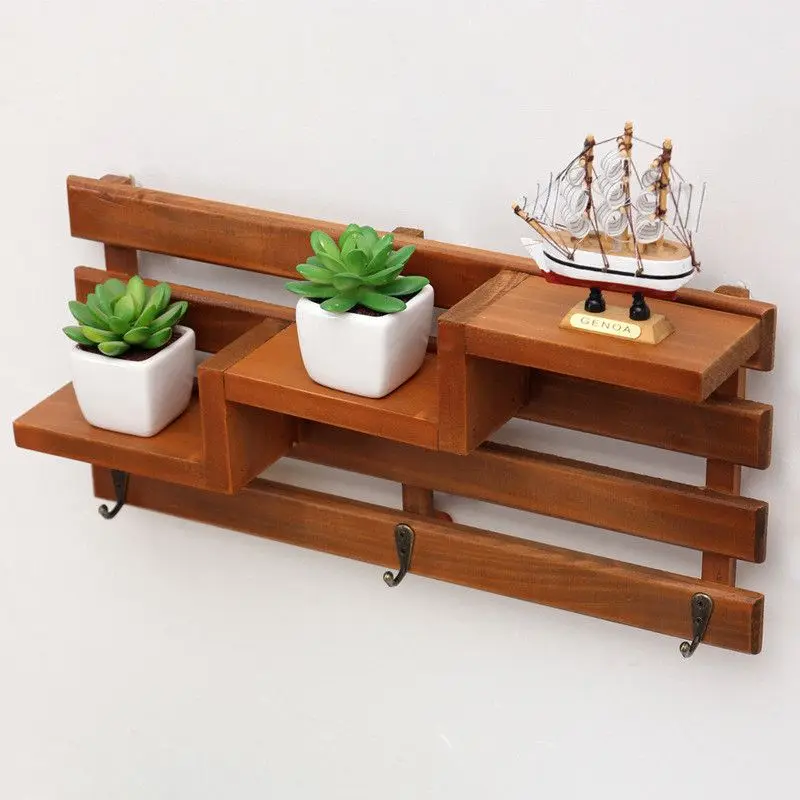 Solid Wood Wooden Wall Mounted Vintage Retro Rack 3 Hanger Hooks Floating Storage Shelf Display Home Decor | Дом и сад