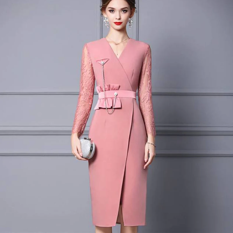 

Платье женское кружевное розовое, с длинным рукавом и оборками, в стиле пэчворк, для офиса, осень 2021