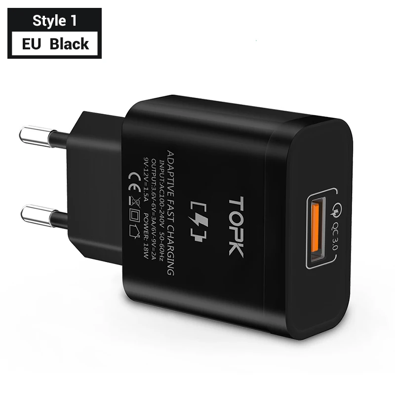 EU Black for Style 1 TOPK B154Q 18 Вт Быстрая зарядка 3,0 Быстрая зарядка для мобильных телефонов с европейской вилкой настенное USB зарядное устройство адаптер для iPhone samsung Xiaomi huawei - Тип штекера: EU Black for Style 1