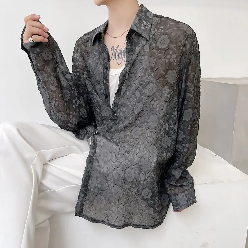 

XITAO Flower Pattern Perspective Shirt Personality Thin and Light Material Breathable Summer Sun Protection Shirt WMD0990