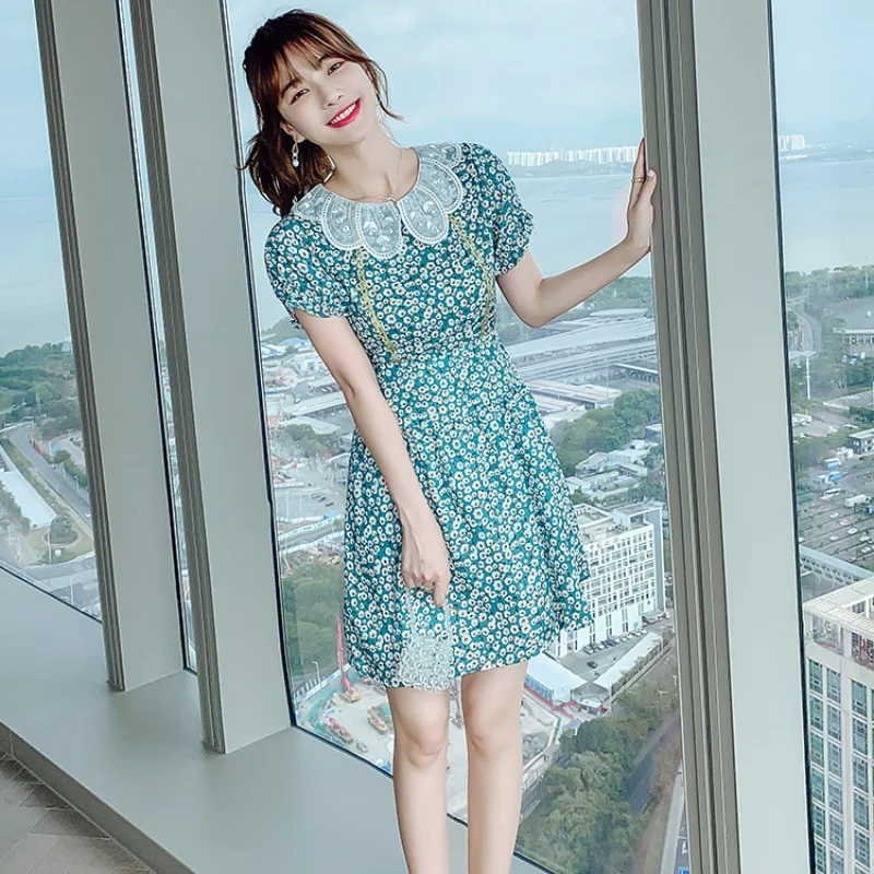 

2021 Summer New Fashion Hepburn Floral Skirt A-line Small Waist French Slim Dress Vintage Dress Printing Dresses for Women