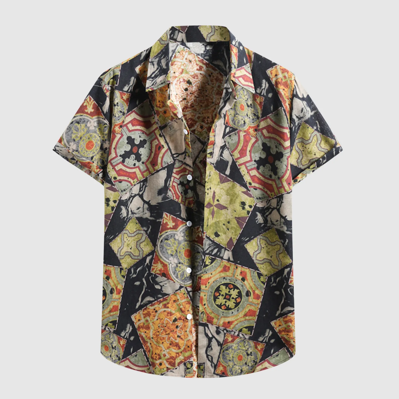 

60# Streetwear Men's Casual Bohemian Fashion Print Plus Size Shirt Short Sleeve Turn-down Collar Hawaiian Shirt Camisa Masculina
