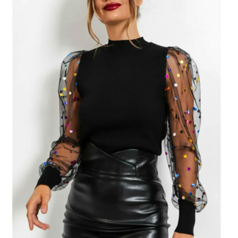 Женские туфли с блестками пышными рукавами элегантные футболка Осенняя длинными