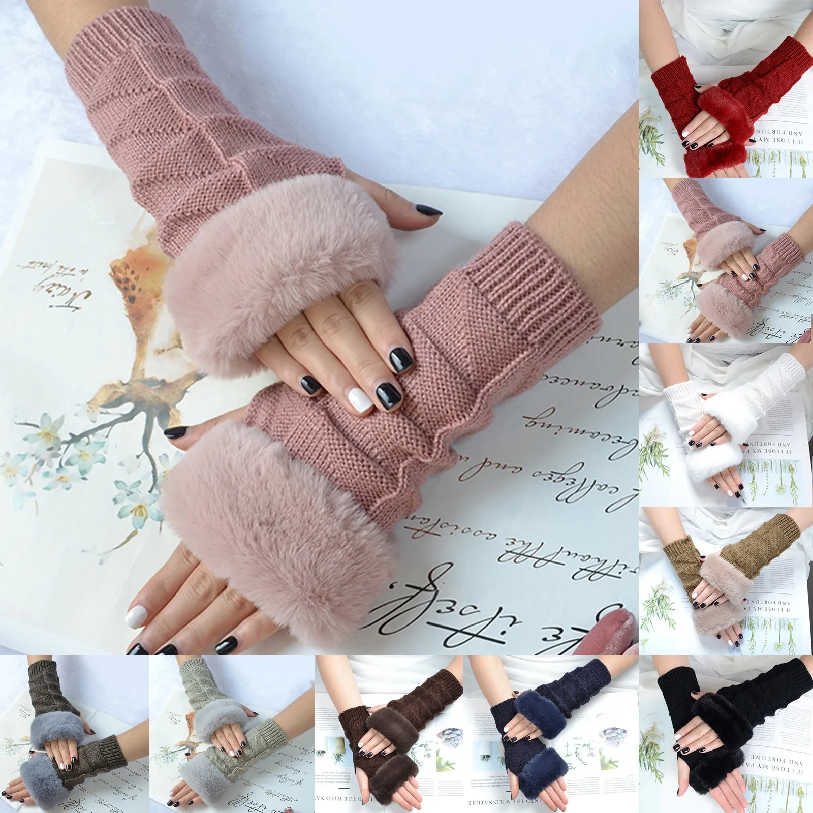 

Women Solid Color Frayed Warm Typing Elastic Half-Finger Gloves