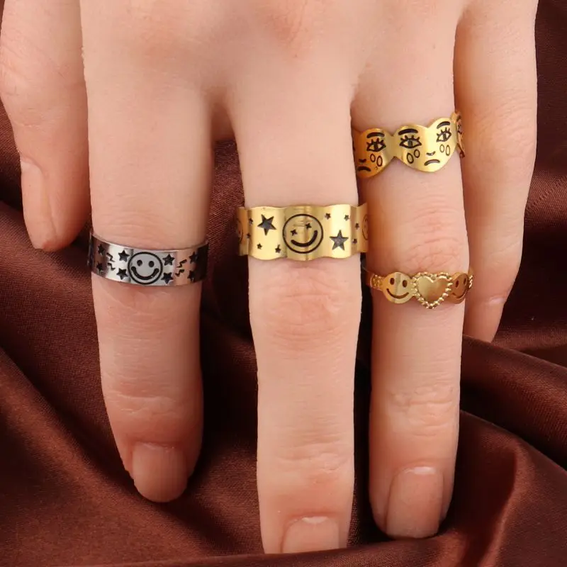 

Punk Stainless Steel Ring Chain Ring Open Rings For Women Smiley Ring Adjustable Ring Smiley Face Ring Geometric Rings Jewelry