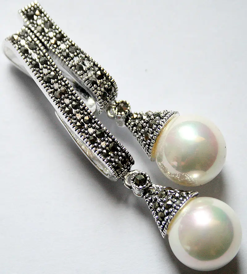 

925 пробы серебряные ювелирные изделия marcasite 12 мм, серьги-подвески с белым жемчугом