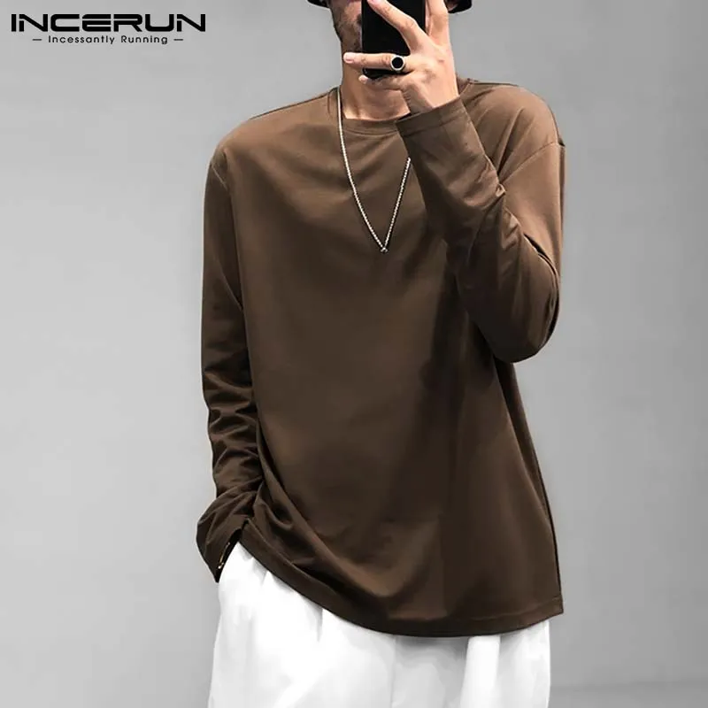 

Футболка INCERUN мужская с круглым вырезом, однотонная уличная одежда, повседневные рубашки с длинным рукавом, свободная уютная модная базовая...
