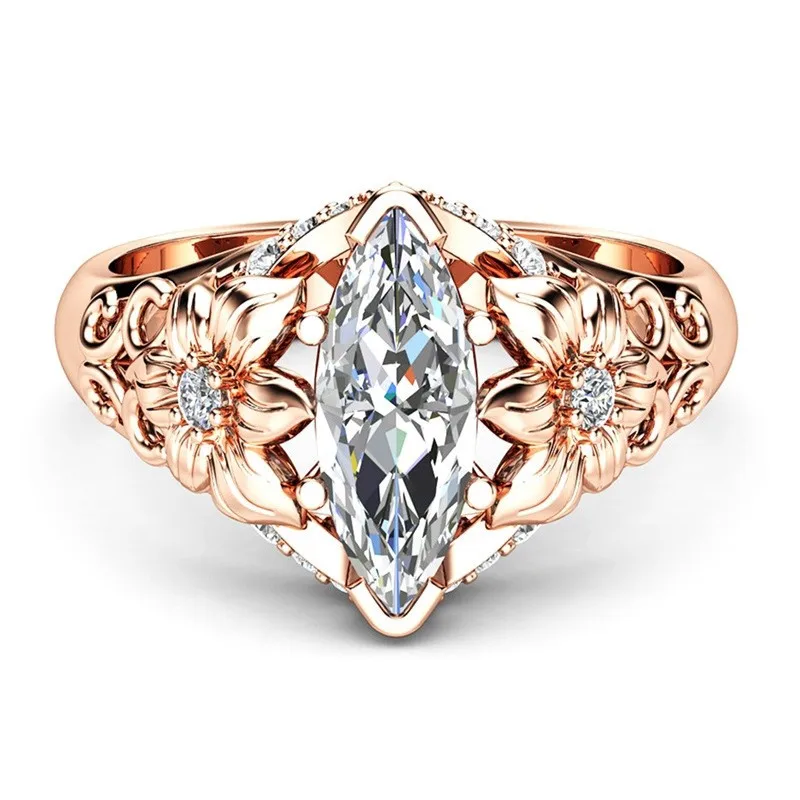 

Popular Horse Eye Shaped Crystal Ring for Women Engraving Rose Gold Color Hollow Out Flower Floral Pattern Party Jewelry