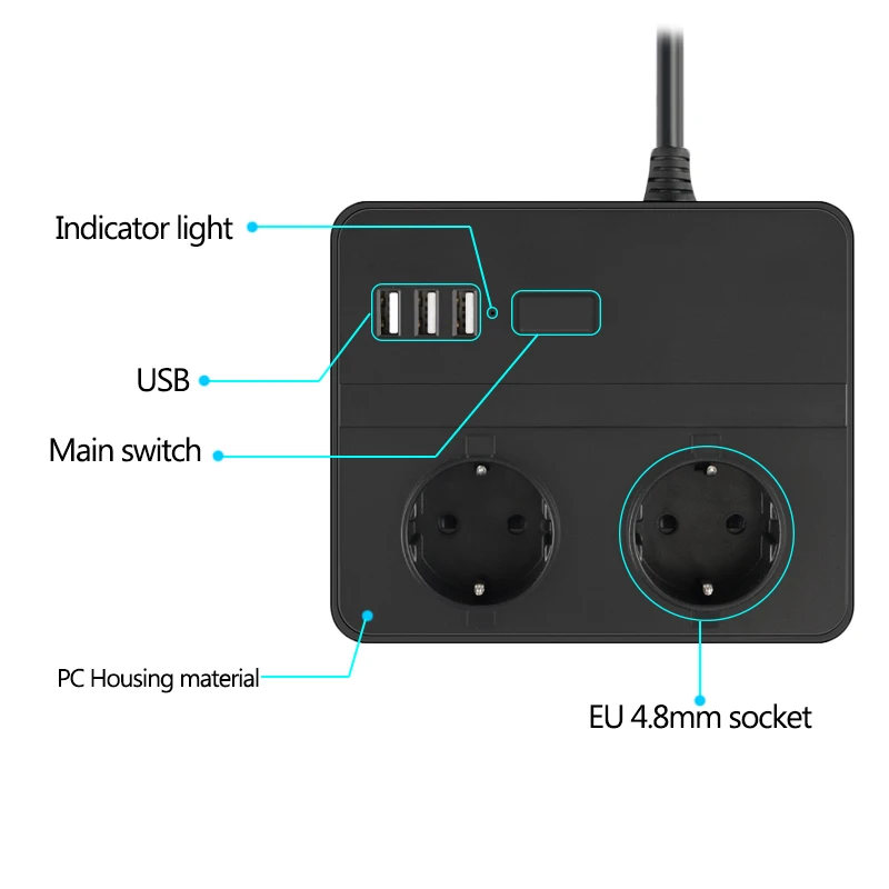 Штепсельная Вилка европейского стандарта на квадратном Мощность полосы сетевой