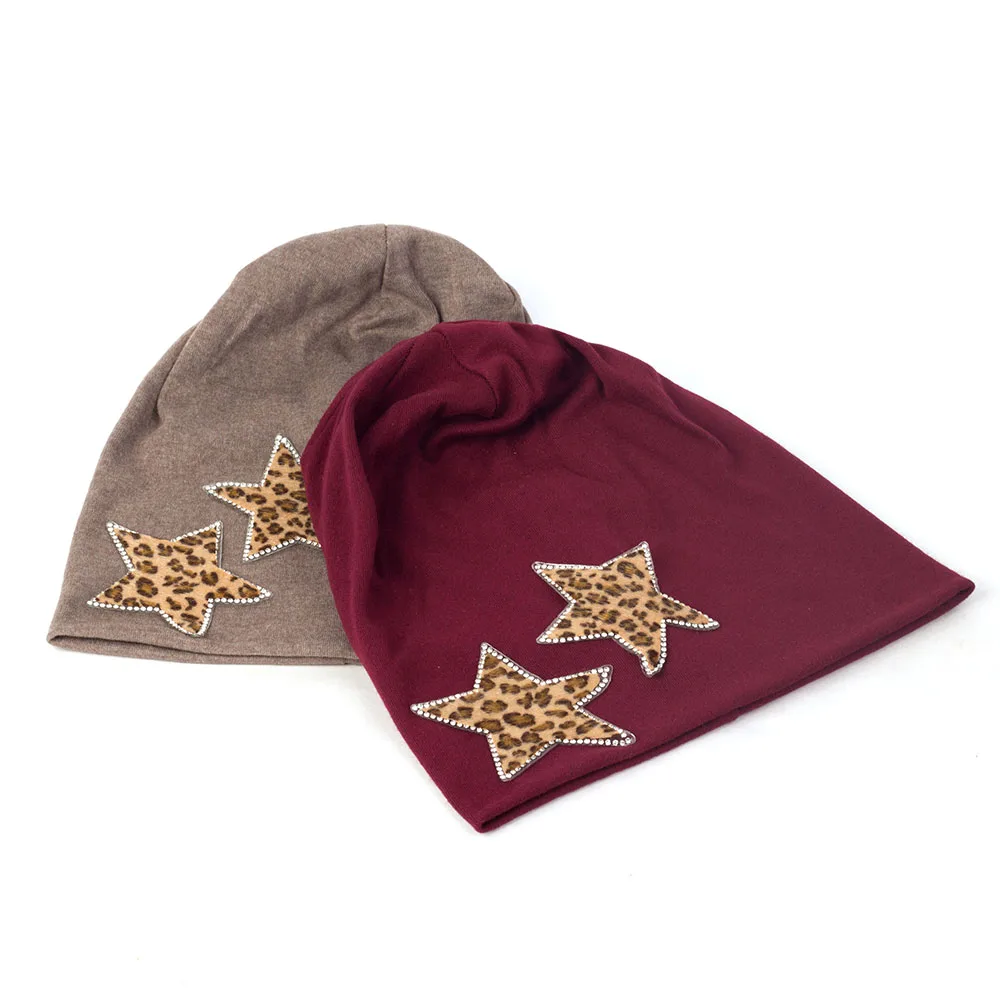 Geebro Winter Leopard Star Rhinestones Skullies Beanies For Women Female Cotton Elastic Baggy Hats Solid Color Bonnet Caps DT950 |