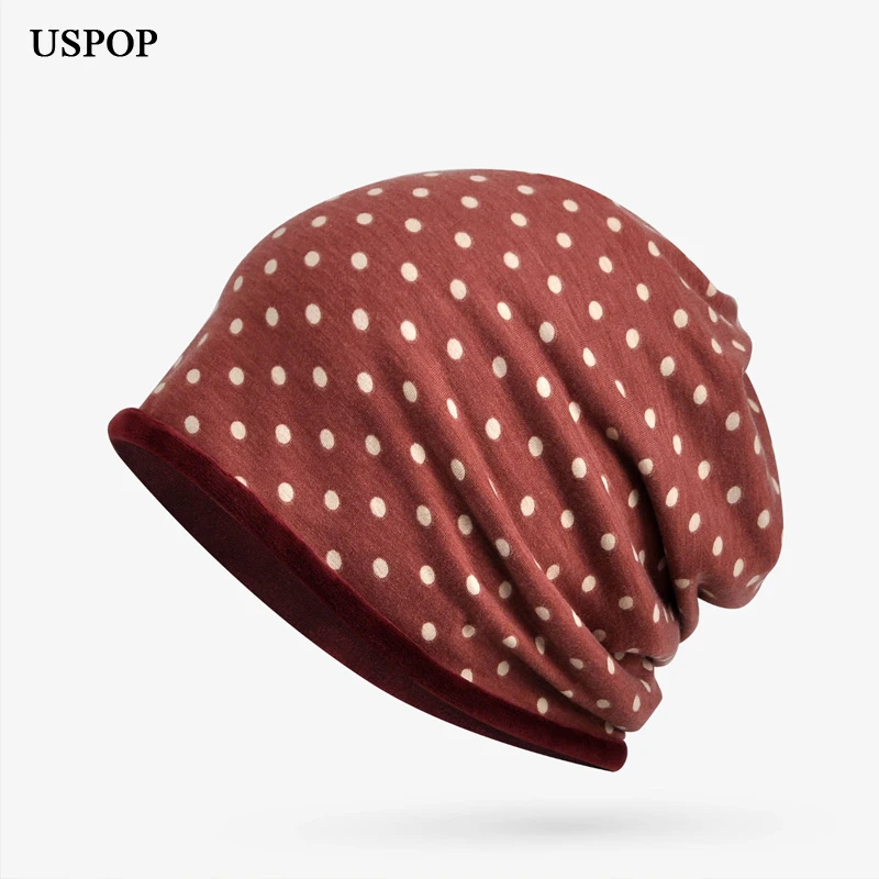 USPOP, новинка, женские бини, повседневные, с бархатной подкладкой, skullies, женская шапка в горошек, многофункциональная, зимняя, толстая, теплая шапка