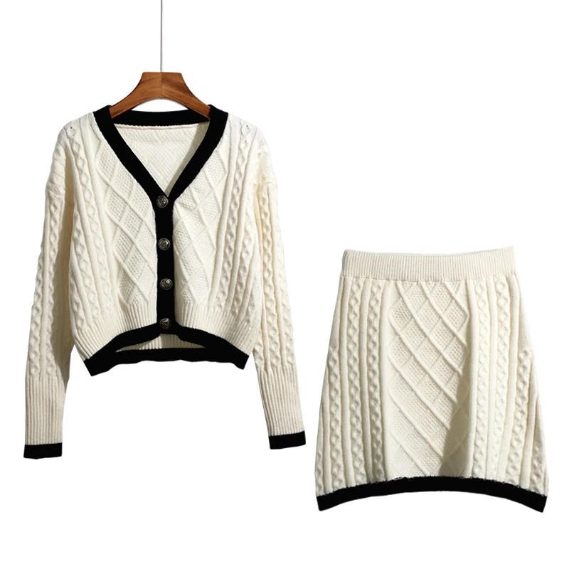 

Sweater Cardigan Skirt Suit Women Autumn And Winter New Style Korean Short Thin Top Wrap Hip Skirt Knitting Two Piece Set