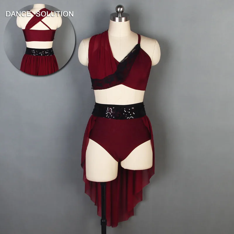 Бордовый балетный костюм для детей и взрослых "Asymmetrical Top with Short Skirt", выполненный из растягивающейся сетки и кружева (арт. 19606).