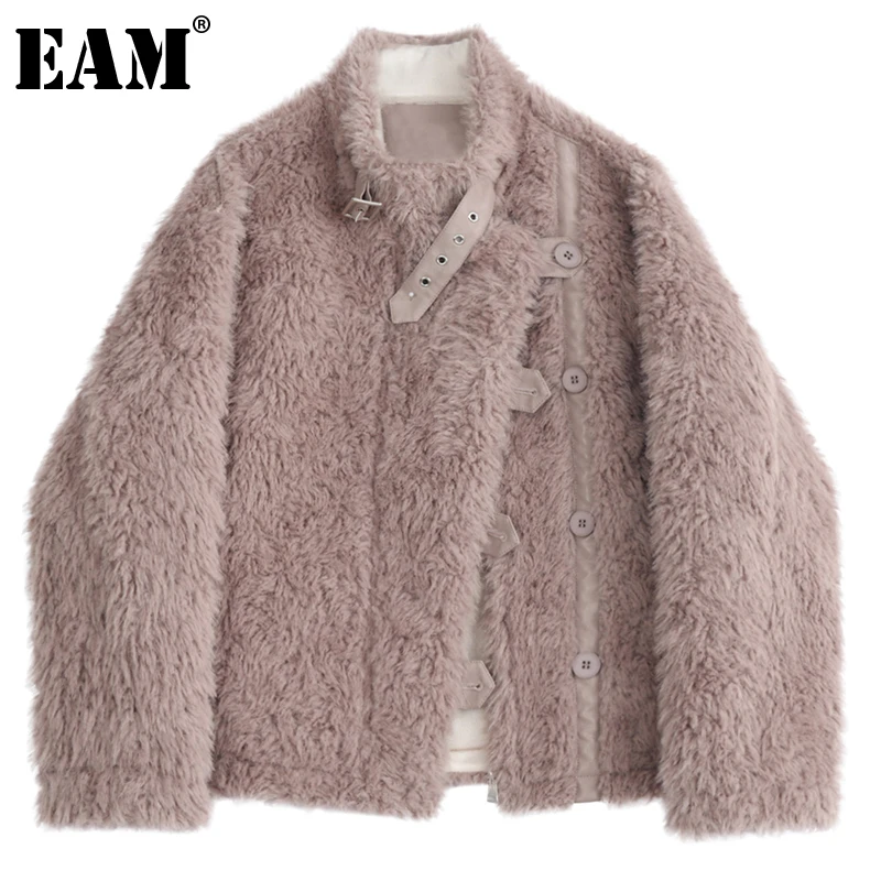 

[EAM] Свободная куртка из овечьей шерсти большого размера, Новая женская куртка с воротником-стойкой и длинным рукавом, модная весенне-осення...
