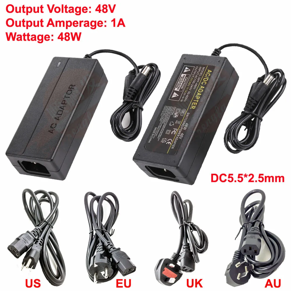 

Desktop Power Supply Adapter Transformer 110V-240V To DC 48V 1A 48W 5.5x2.5mm Connector Include US/EU/UK/AU Plug