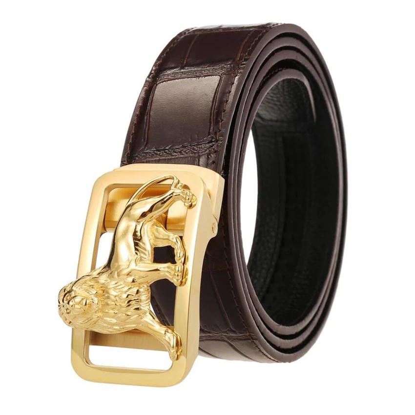 

Men Gold Silver Lion Stainless Steel Automatic Buckle Cowskin Crocodile Grain Belt Fashion Designer Jeans Belts BCD067
