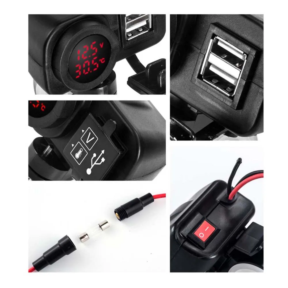 

50% HOT SALES!!!12-30V LED Motorcycle USB Charger 2.1A+2.1A with Digital Voltmeter Thermometer
