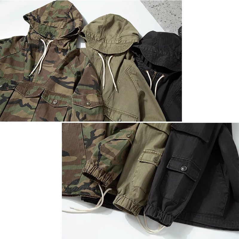 

2021 New Vintage Military Safari Style Premium 100% Cotton Sustainable Washed High Quality Denim Camo Hoodie Pullover for Men