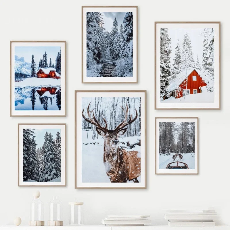 

Рождественские постеры и принты Снежный лосяй лес зимний пейзаж настенная живопись на холсте картины фотография комната Домашний декор