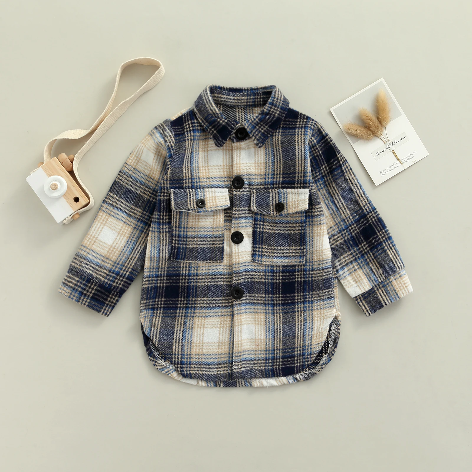 

Unisex Children Plaid Print Coat Loose Fit Long Sleeve Lapel Neck Irregular Hem Shirt with Pockets