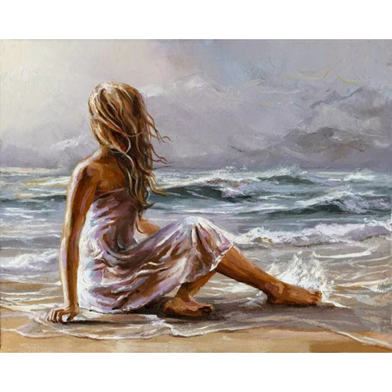 海辺の女の子の数字によるDIYキャンバス絵画子供大人のアクリル抽象油絵番号写真モダンアート