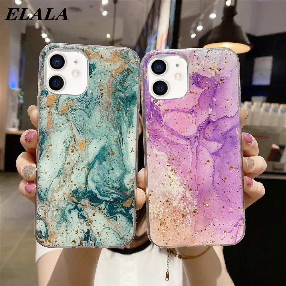 

Marble Glitter Phone Case for iPhone 12 Mini 11 Pro Max XR XS X 7 8 Plus SE 2020 Epoxy Gold Leaf Coque Soft TPU Shockproof Cover