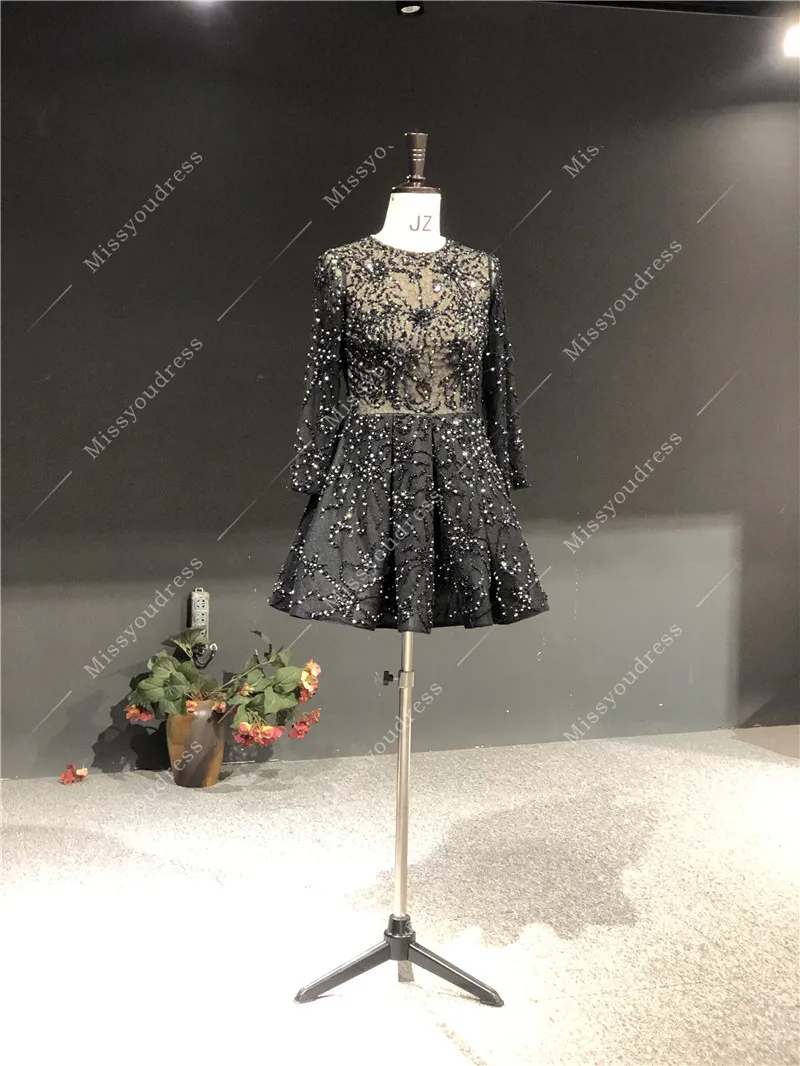 ZuhairMurad Black Color Real Picture Luxury Heavy Beads O-Neck Full Sleeves Short Length Evening Party Prom Dancing Bridal Dress