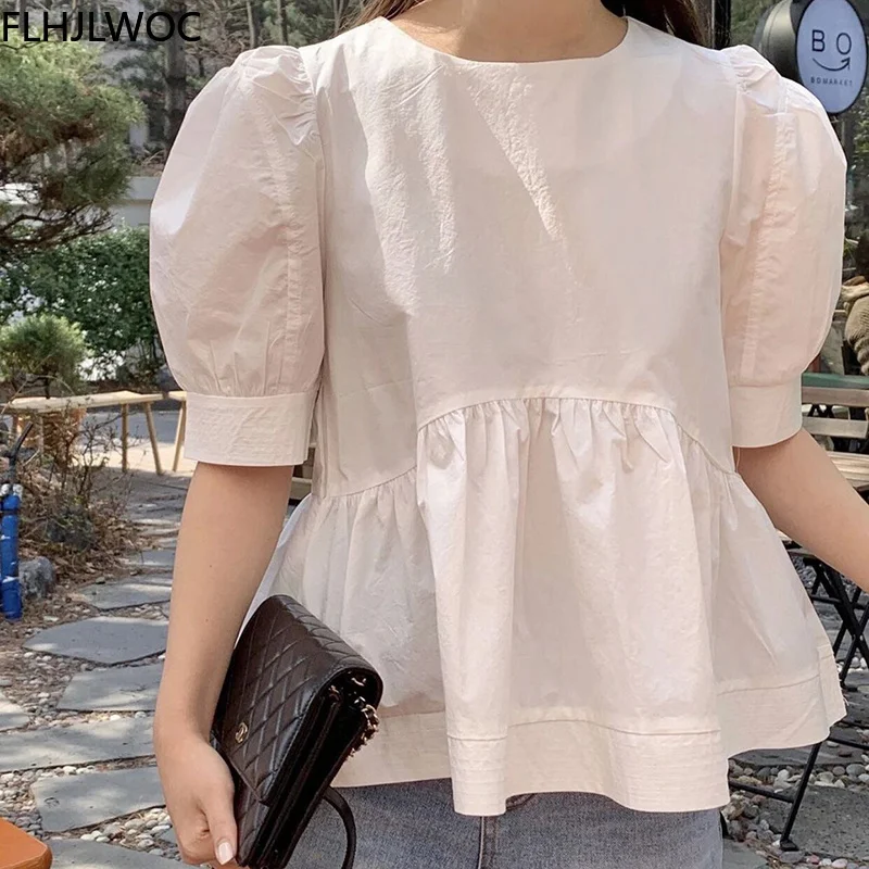 

Puffy Shirts Cute Sweet Girls Japanese Style Women Bow Tie Tops Blusas Casual Solid White Ruffled Peplum Blouses