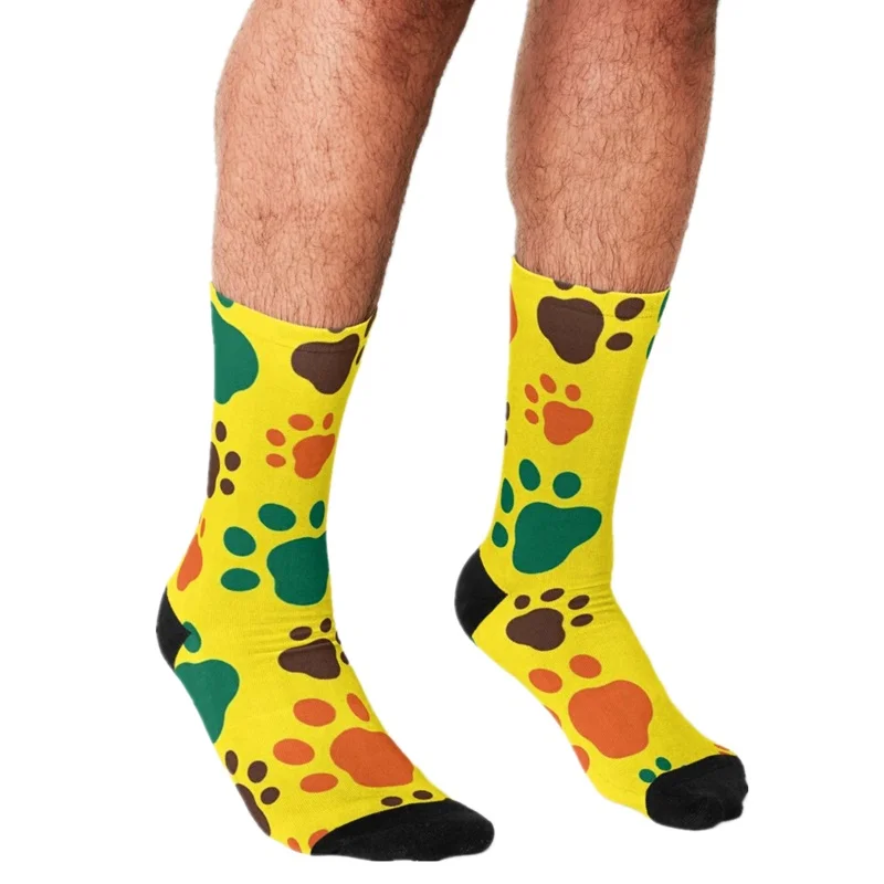 

2021 Funny Men's socks yellow Cat paws Pattern Printed hip hop Men Happy Socks cute boys street style Crazy Socks for men
