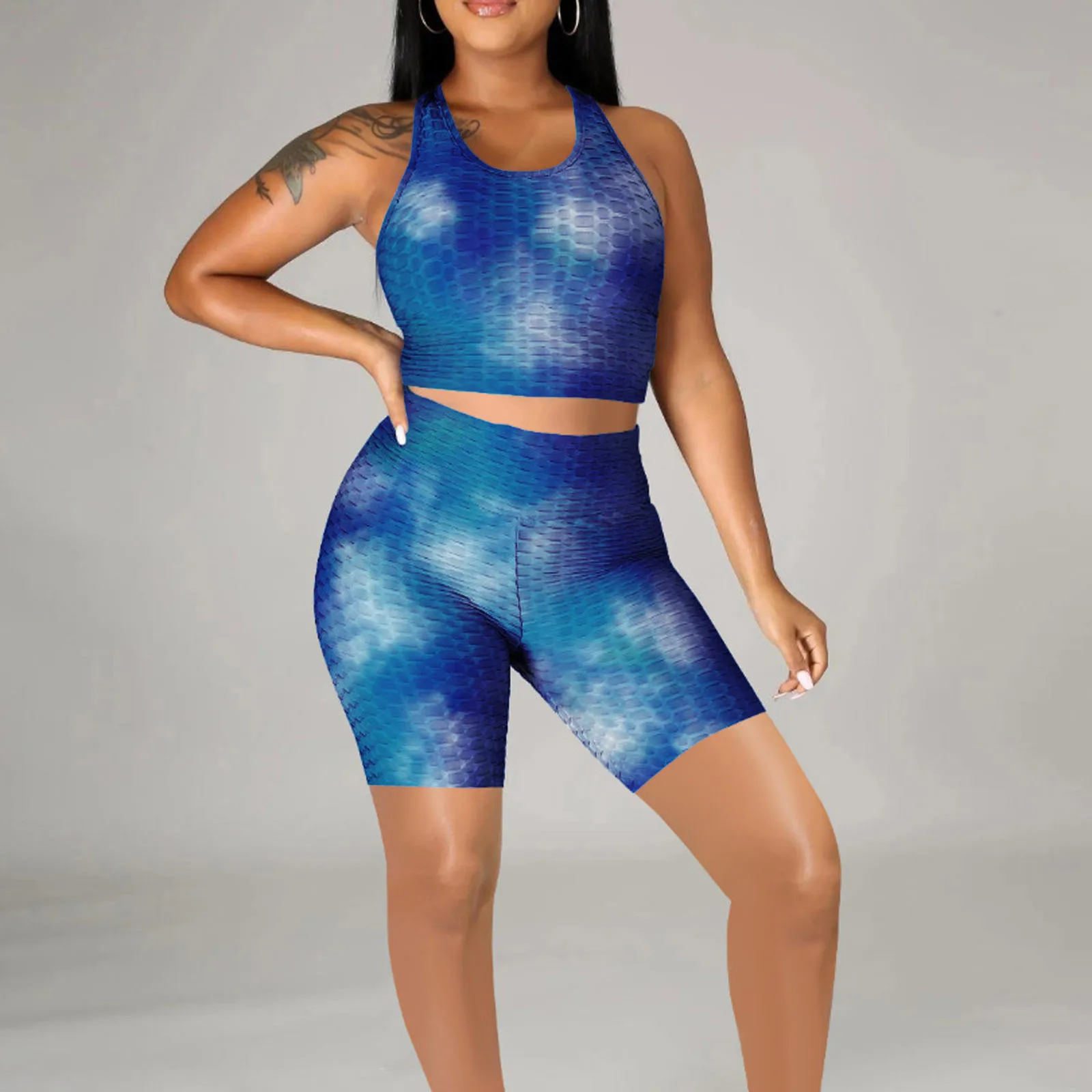 

Women Tie-dye Printed Outfits Sport Yoga Casual Jogging Tracksuits Workout Sets T-shirt Tops Knee Length Jogger Matching Outfits