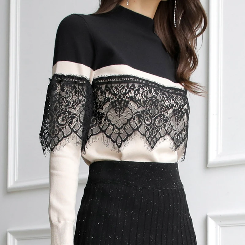 

Женский трикотажный пуловер с кружевом, черный или белый облегающий джемпер с цветочным кружевом, круглым вырезом и длинным рукавом, в стил...