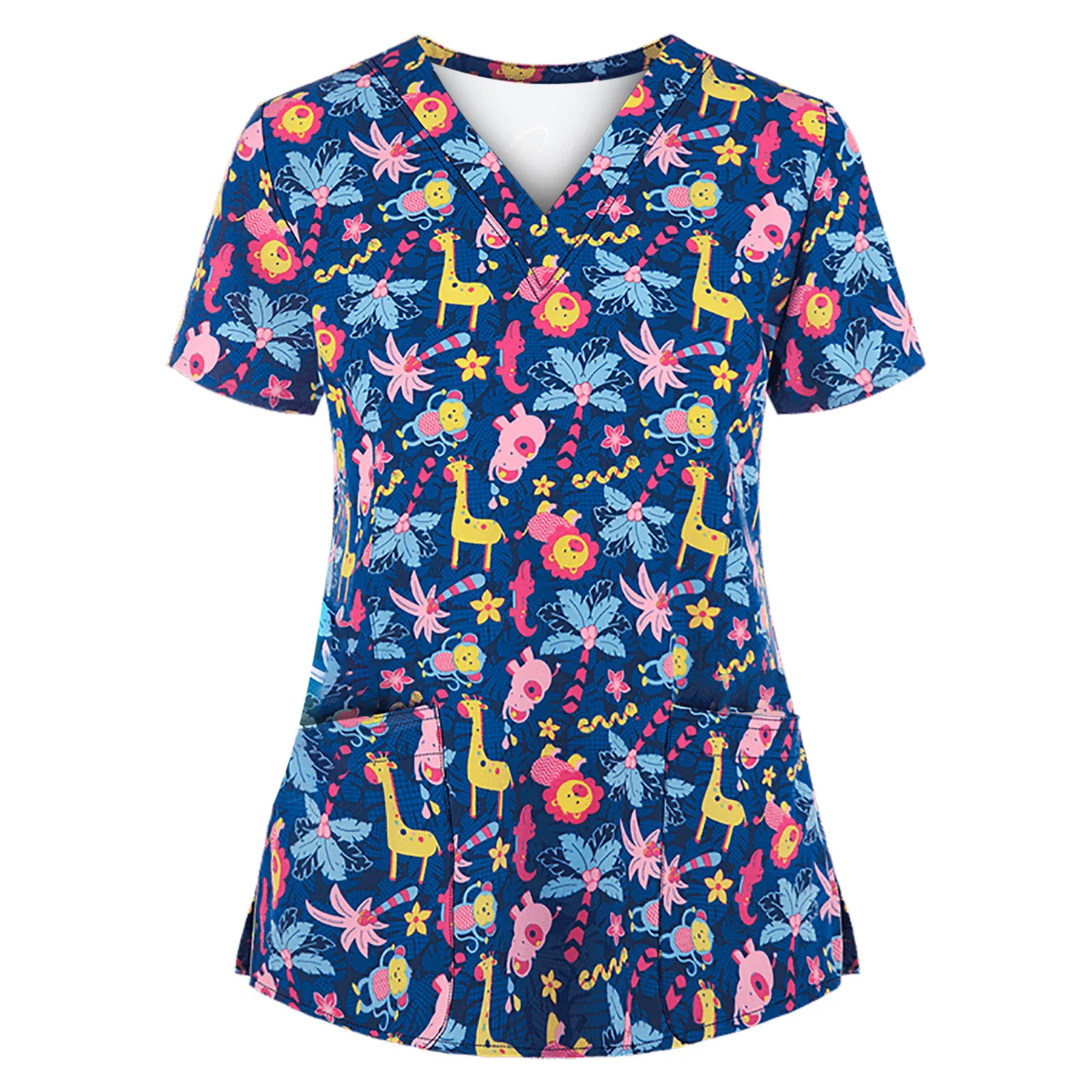 

Women Short Sleeve V-neck Tops Working Uniform Casual T-Shirts Health Workers Wear Lady Care Clothing Print With Pockets Blouse