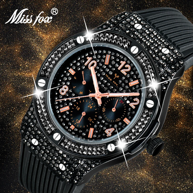 

MISSFOX Luxury Black Shine Diamond Mens Watches Waterproof Stainless Steel Watch Quartz Men Date Calendar Business Wristwatch