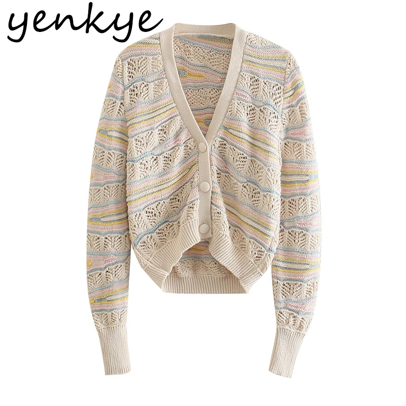 

YENKYE New Women Pointelle Knit Cardigan Sexy V Neck Long Sleeve Outerwear Fashion 2021 Hollow Out Sweater Plus Size Tops