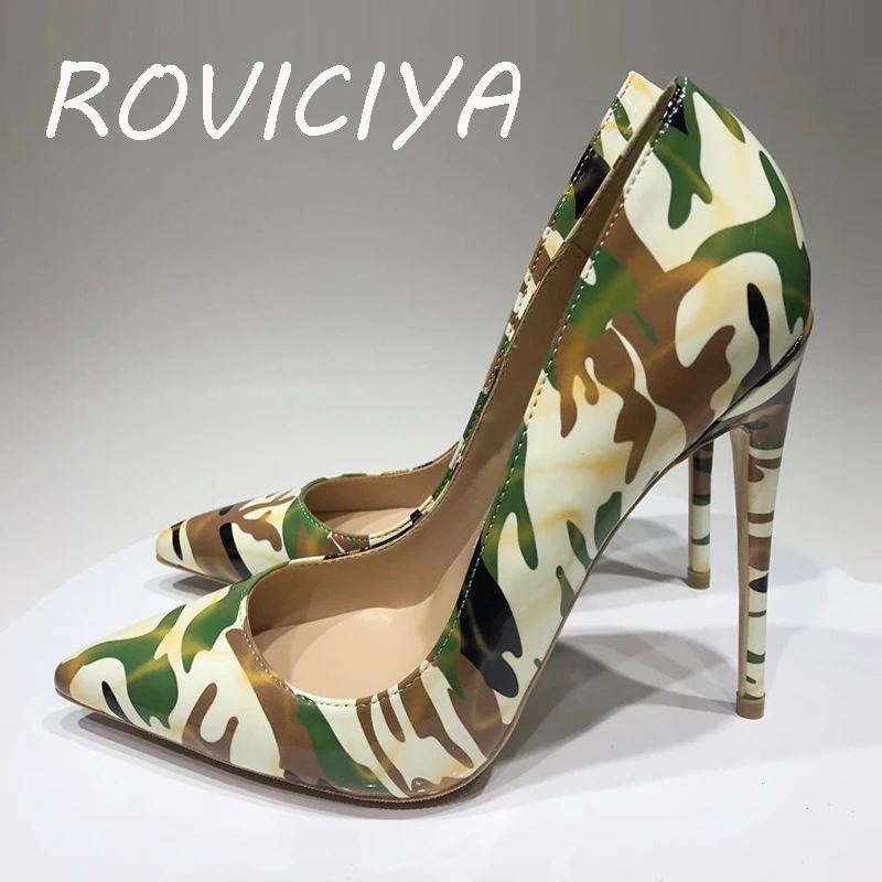 Туфли лодочки женские камуфляжные на высоком каблуке 12 см с острым