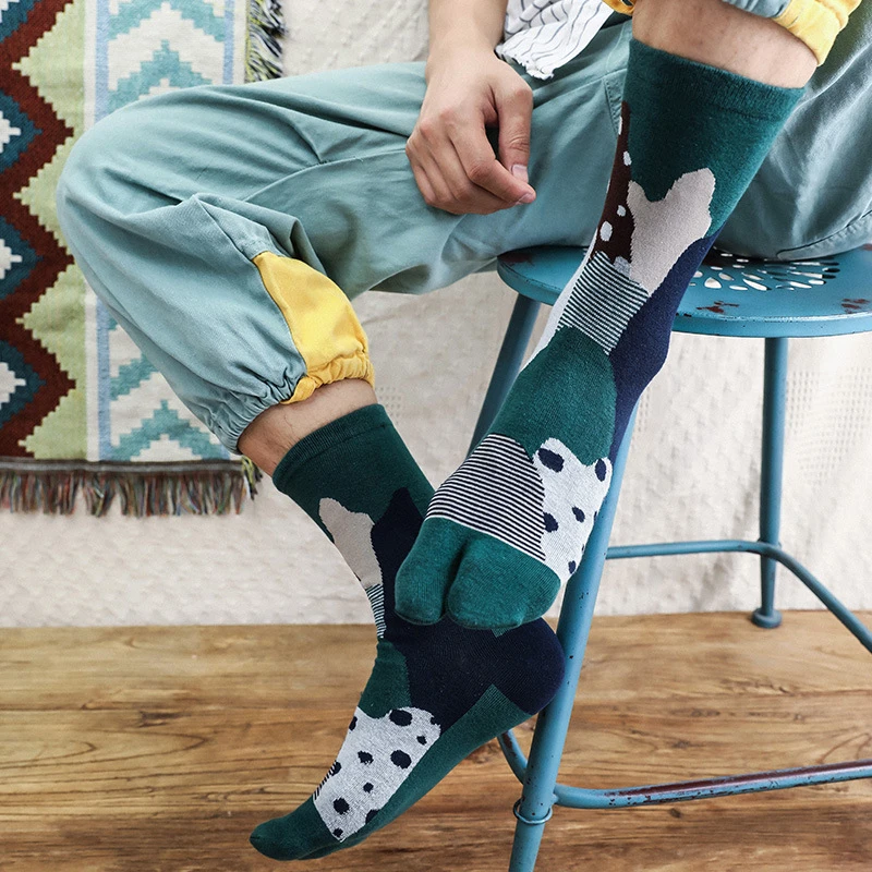 5 Pairs/Men's Socks Men Cotton Thick Japanese Style Kimono Flip Flop Sandal Split Clogs Two Toe Tabi Geta Socks With Print Drew