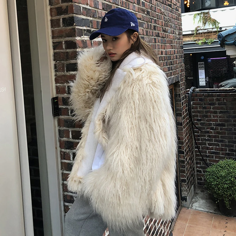 Зимняя женская модная куртка из искусственного меха с отложным воротником