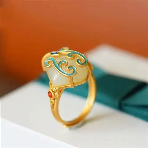 

New National Fashion Retro Sterling Silver Cloisonne Enamel Ring Hetian Jade Open Ring Classical Court Chinese Style Men and Wom