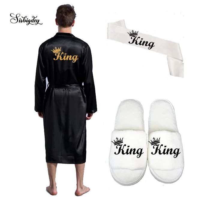 Мужской Атласный халат Sisbigdey king длинный свадебный блестящий комплект из тапочек