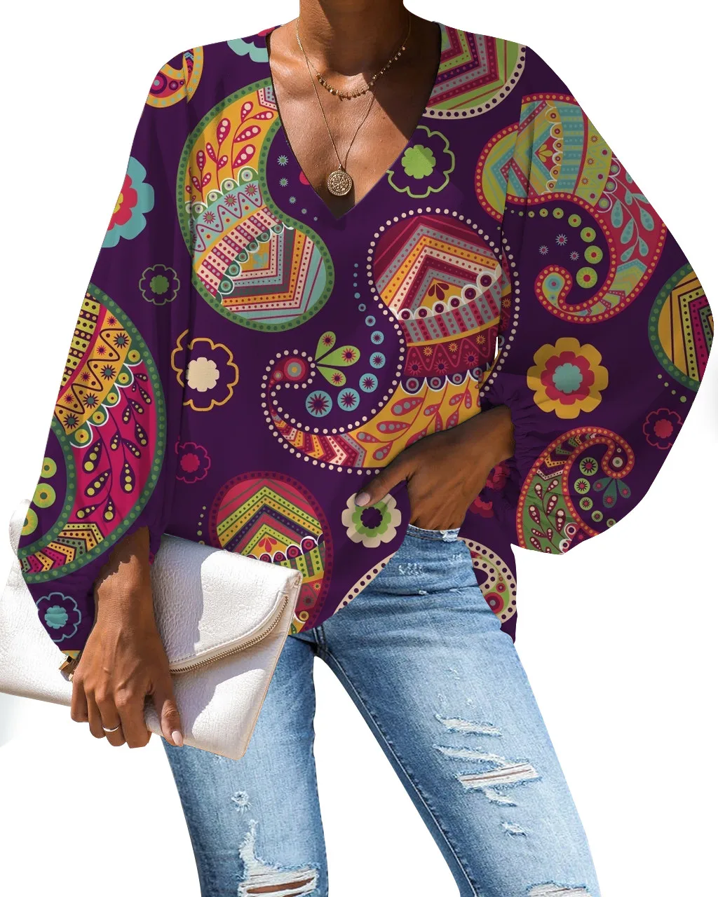 

FORUDESIGNS Colorful Floral Seamless Pattern Plus Size Women Blouse Chiffon Shirt Ornaments Cucumbers Summer Long Sleeve Tunics