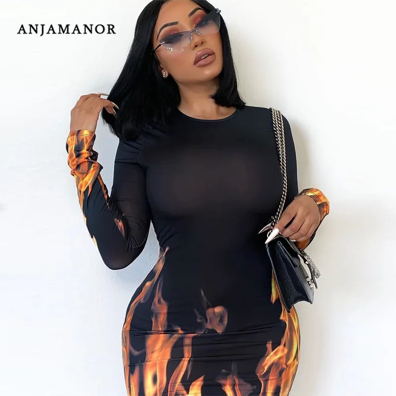 

Женское облегающее платье с длинным рукавом ANJAMANOR, черные вечерние Клубные платья с принтом пламени, осеннее платье для женщин, Ropa Mujer, D70-AZ13