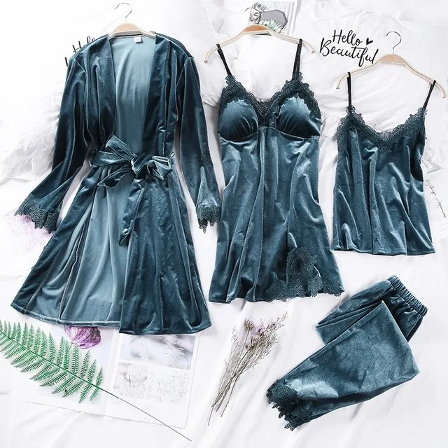 

Daeyard 2019 Velvet 4 Pieces Warm Winter Pajamas Sets Women Sexy Lace Robe Pajamas Sleepwear Kit Sleeveless Nightwear Homewear