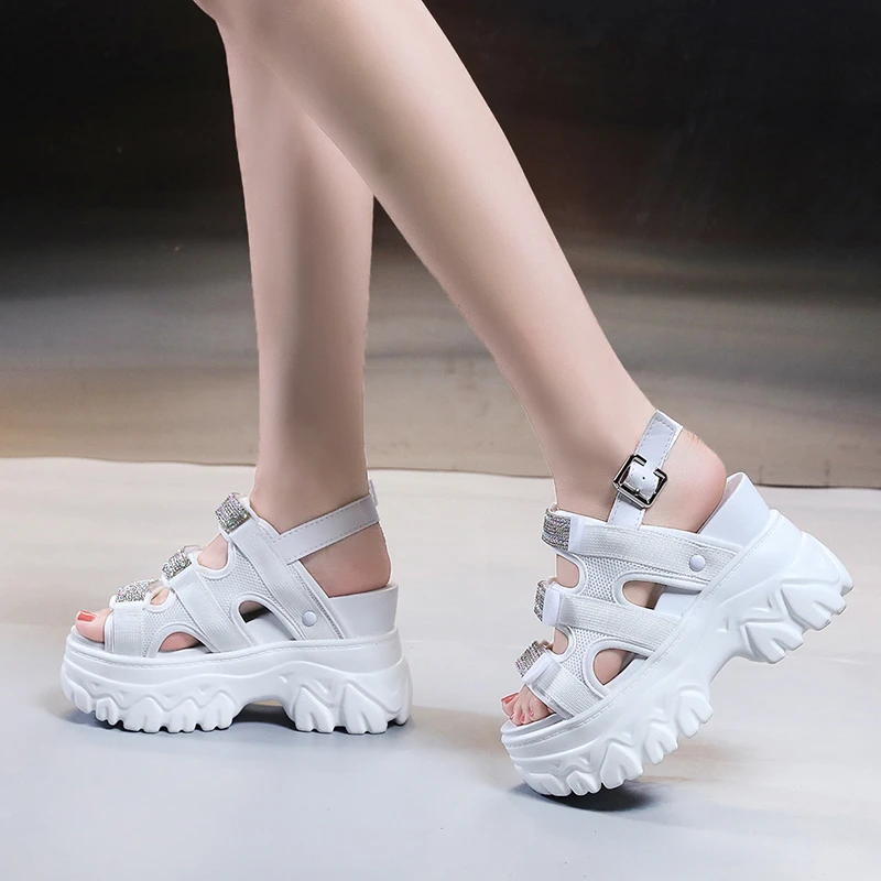 

Platform Bling Sandals Women Summer Breathable Wedges 10CM High Heels Ladies Crystal Beach Slippers Chunky Shoes Sandalias Mujer