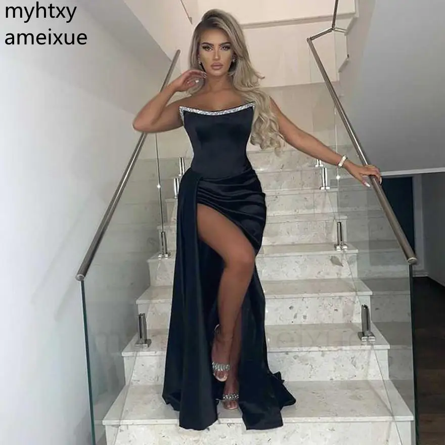 

Sexy Black Prom Dresses 2022 Beaded Strapless Side Split Long Dress Bride Special Occasion Zipper Cocktail Party Robe De Soiree