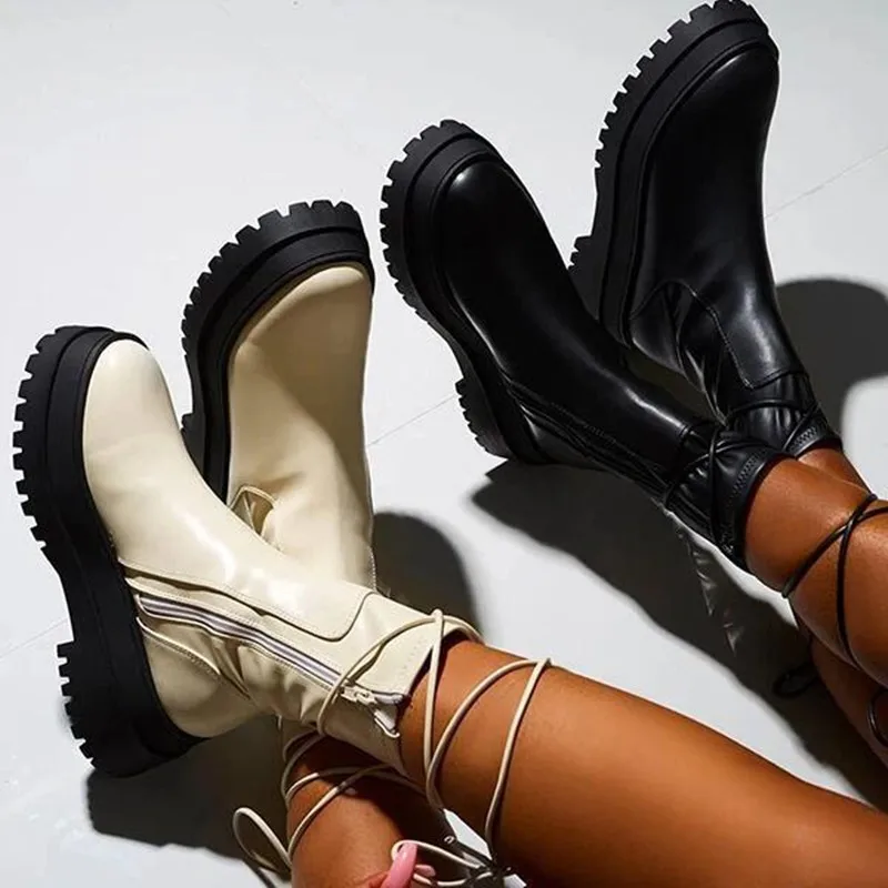 

Ladies Ankle Boots Thick Bottom Increased Fashion Casual 2021 Ladies Boots PU Leather Shoes XL Lace-up Boots Ladies Shoes