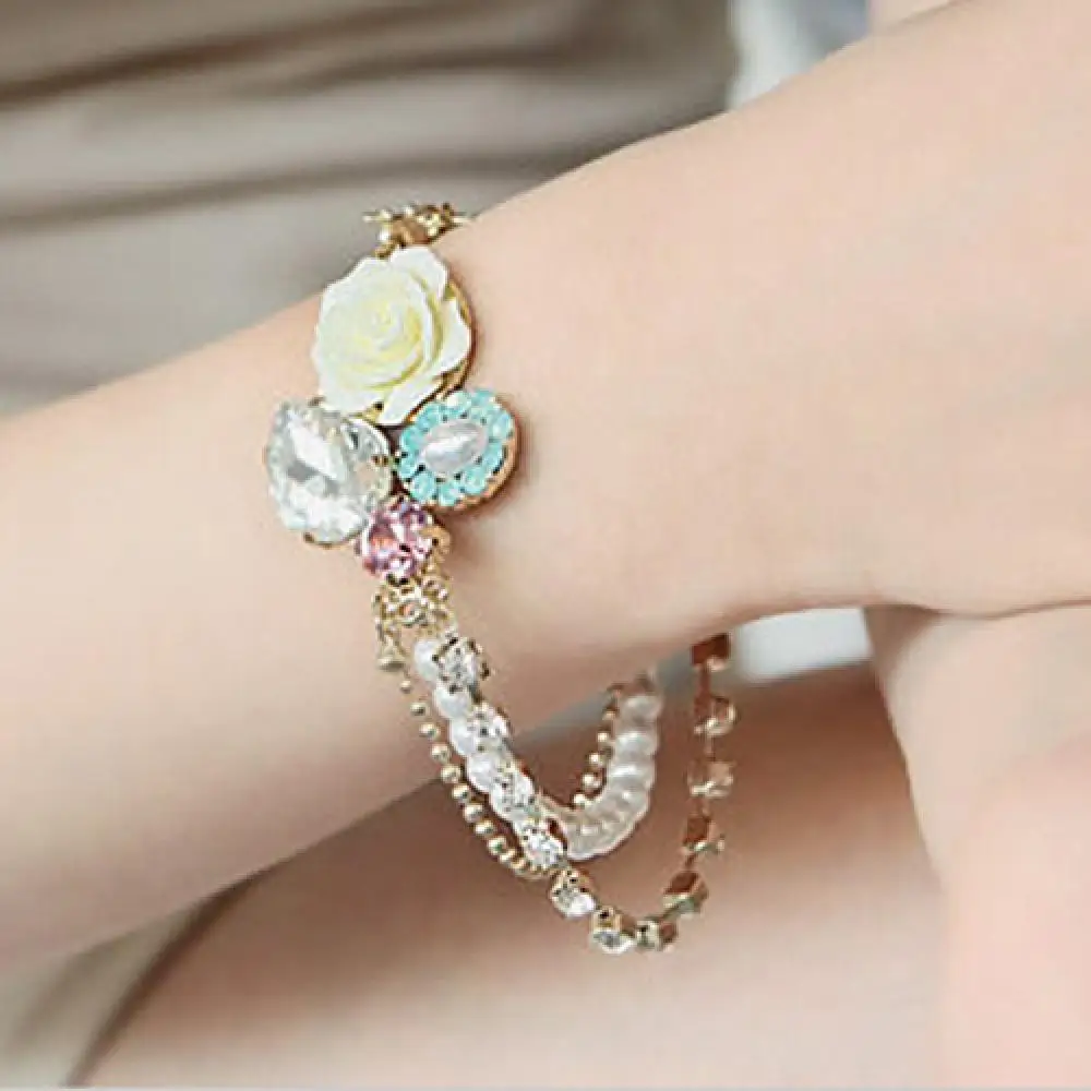 

Hot Sales!! Women Fashion Rhinestone Faux Pearl Rose Charm Colorful Bracelet Bangle Gift