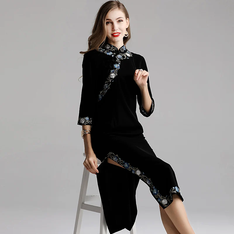 Высококачественное платье Чонсам в китайском стиле с вышивкой и большими